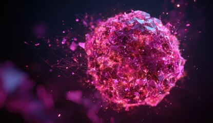 Abstract, vibrant pink sphere with fragmented edges, surrounded by a digital explosion of particles