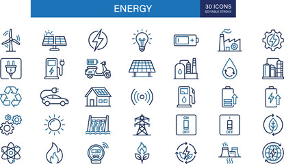 Renewable energy line icons set, solar wind power electricity sustainability green technology editable stroke modern outline vector illustration collection © SREE