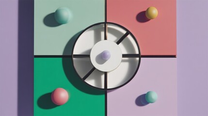 Flat design with a four-quadrant layout featuring a large white circular template divided by black lines,