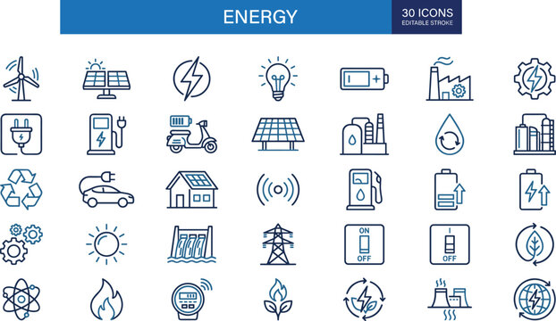 Renewable energy line icons set, solar wind power electricity sustainability green technology editable stroke modern outline vector illustration collection