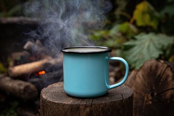 Outdoor mug of steaming drink near campfire