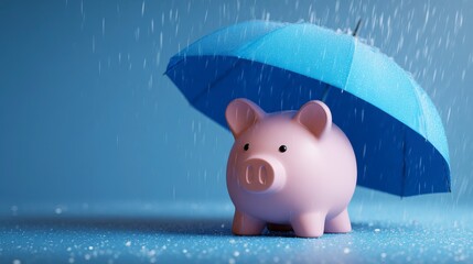 Pink piggy bank sheltered by blue umbrella from pouring rain, conceptualizing financial protection and security on a blue backdrop