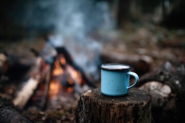 A light blue enamel mug sits on a tree stump, near a crackling campfire in a misty forest
