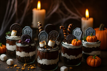 Halloween -themed dessert jars with festive decorations