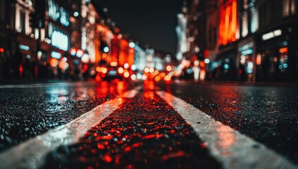 City street at night, wet asphalt, vibrant lights