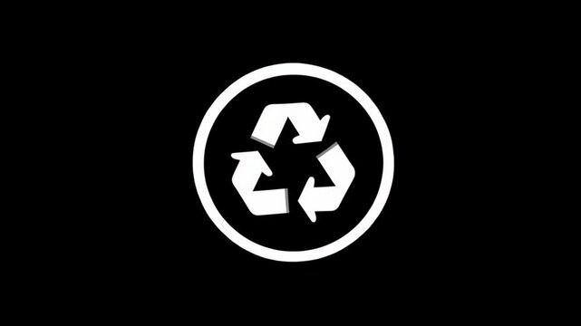 White recycling symbol with arrows in a circle on a black background