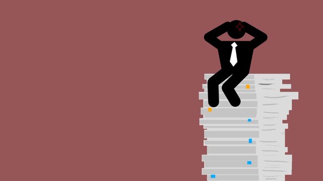 Exhausted businessman animated icon under pressure, sitting on stacks of paperwork. Overwhelming workload stress with expressive motion and fatigue mood.