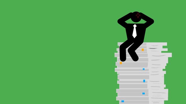Exhausted businessman animated icon under pressure, sitting on stacks of paperwork. Overwhelming workload stress with expressive motion and fatigue mood.