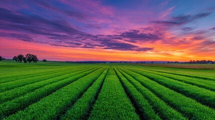 A vibrant, expansive green field with meticulous rows stretches toward a fiery sunset of purples, oranges, and pinks