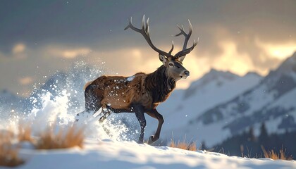 A majestic stag with large antlers charges through the snow, against a mountainous backdrop with an overcast sky