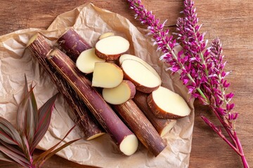 Purple sugar cane stalks, sliced, on craft paper