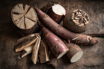 Raw yuca roots and pieces on rustic wood