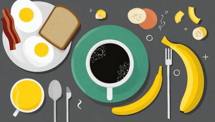 Flat lay illustration of a breakfast spread