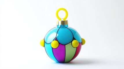 A vibrant Christmas ornament with glossy patchwork panels in purple, blue, green, and red,
