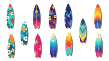 Collection of Colorful Surfboards with Tropical Designs.