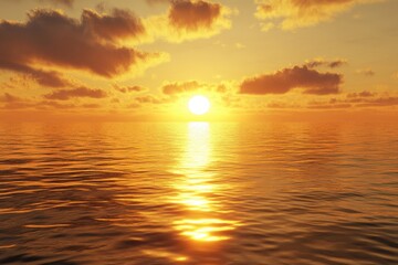 Fototapeta premium Sunset over calm ocean with golden reflections and soft clouds in the sky