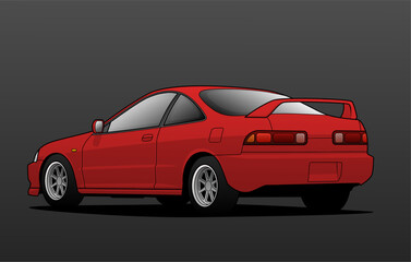 Fototapeta premium Red sports coupe car rear angle illustration with spoiler and alloy wheels, perfect for auto ads and enthusiast content. Clean vector format.