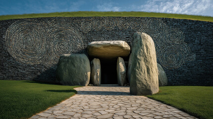 Newgrange stone entrance with spiral carvings.