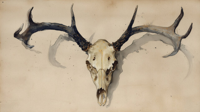 古紙に水彩・木炭・墨・金箔で描く鹿頭骨、標本の静けさと経年