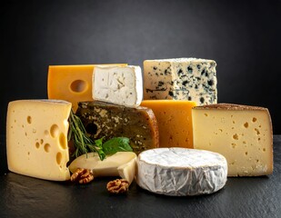 Assortment of gourmet cheeses on a dark background.