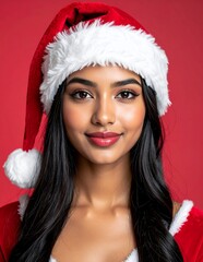 Beautiful Young Woman in Santa Hat Smiling at Camera.
