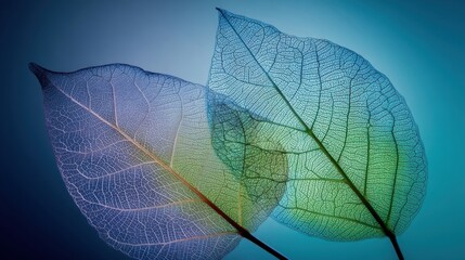 Two translucent blue-green leaves overlap on a gradient blue background,
