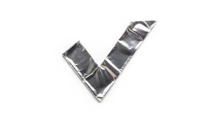 Shiny Silver Check Mark Symbol Made of Crinkled Foil.