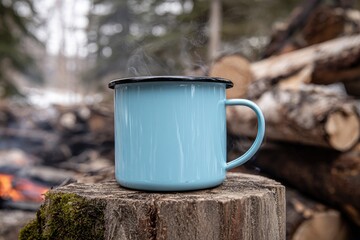 Light blue enamel mug steaming on a tree stump near a campfire