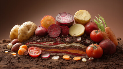 断面を交互に配した黒土の前景で構造と瑞々しさを見せる野菜静物