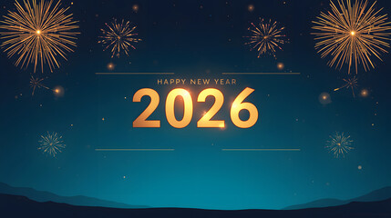 Happy New Year 2026 minimalist golden design with fireworks display