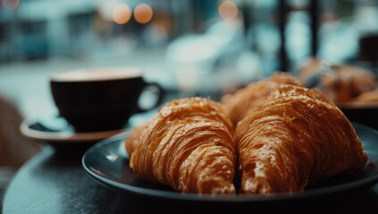 Fresh croissants and coffee on a dark plate, cafe scene
