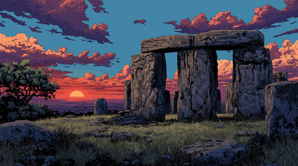 Stonehenge monument at sunset in open landscape.