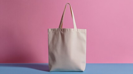 A beige handbag with two white handles rests on a blue surface against a pink background,