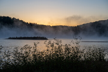 An atmospheric dawn on Vlasina Lake, as golden sunlight illuminates low mist hovering over serene waters, framed by dark tree silhouettes in the foreground. 