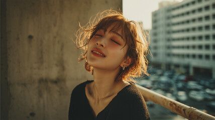 Fototapeta premium 女性が午後のバルコニーで日差しを浴びて目を閉じ微笑む