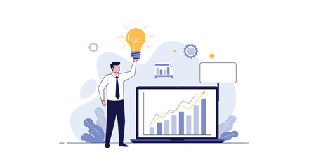 Businessman holding a giant glowing light bulb next to a laptop displaying a growth chart symbolizing innovative business solutions and success.