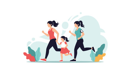 Obraz premium Two active women and a small girl running together outdoors against a soft abstract background representing a healthy family lifestyle.