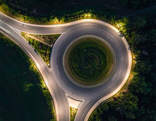Aerial view of a modern roundabout at night, illuminated by streetlights, showcasing efficient urban infrastructure and traffic flow.