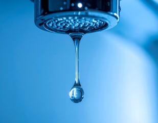 A single drop of water hangs precariously from a chrome faucet, symbolizing conservation and the preciousness of resources.