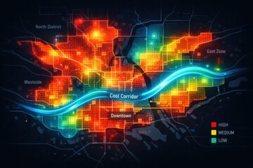 Obraz premium Interactive heatmap visualizing urban zones with varying activity levels showcasing high medium and low density areas emphasizing strategic locations for urban development