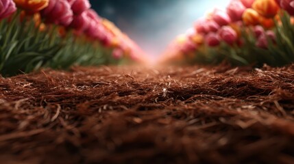 A serene pathway lined with colorful tulips leading into a soft and inviting focus, conveying tranquility, nature’s beauty, and the essence of springtime elegance.