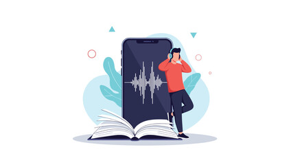 Young man wearing headphones leaning on a giant smartphone with audio waves above an open book representing audiobooks and digital learning.