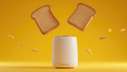 Two slices of toast levitate above a white appliance, surrounded by wheat sprigs