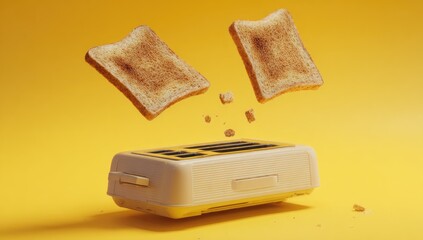 Crispy toast slices levitate above a retro toaster on a bright yellow surface