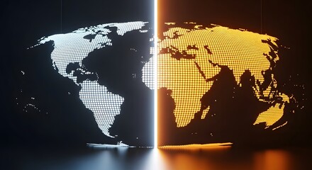 Futuristic Digital World Map Split into Blue and Gold Halves, Representing Global Connectivity