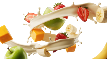 Splashing Fruit Symphony: A vibrant array of fruits playfully dances amid a swirl of creamy liquid, presenting a fresh, delicious and visually captivating scene.