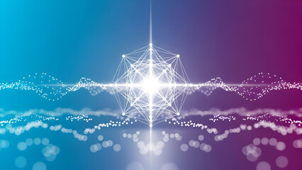 Abstract Digital Technology Background with Glowing Geometric Neural Network and Data Particles