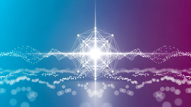 Abstract Digital Technology Background with Glowing Geometric Neural Network and Data Particles - Powered by Adobe