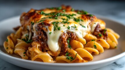 A scrumptious pasta dish topped with melted cheese and fresh herbs sits elegantly on a plate, showcasing culinary artistry that tempts the senses and invites indulgence.