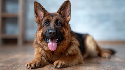 A beautiful German Shepherd dog lies down with an alert expression on a wooden floor, showcasing its loyal nature and elegance in a comfortable indoor environment.